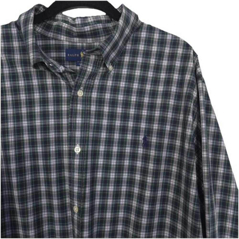 RALPH LAUREN Men's Shirt XXL Classic Fit Plaid Green White Button Down Cotton